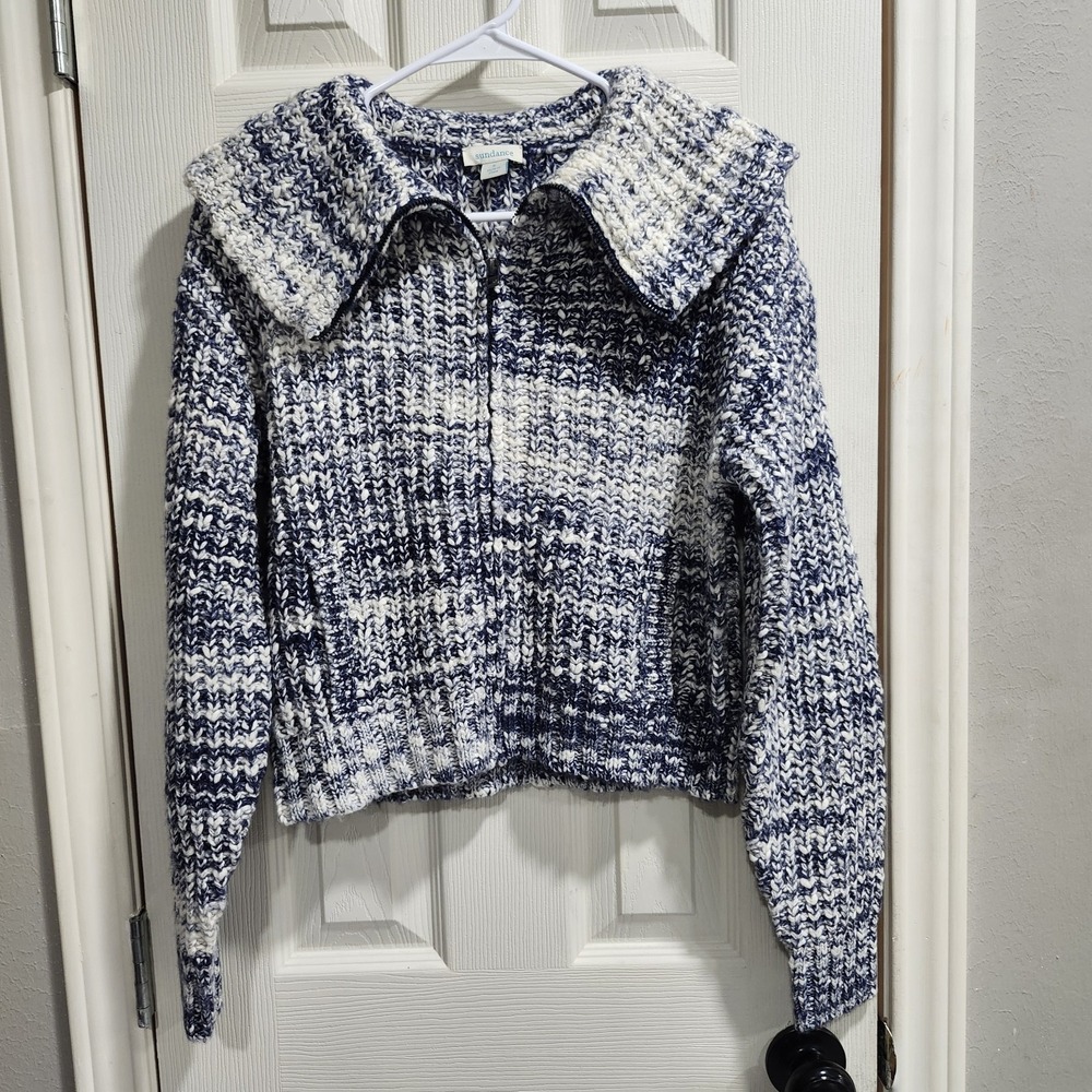 Sundance Women's Chunky Knit Zip Up Sweater Blue White Marled Collared Size S - Picture 2 of 15